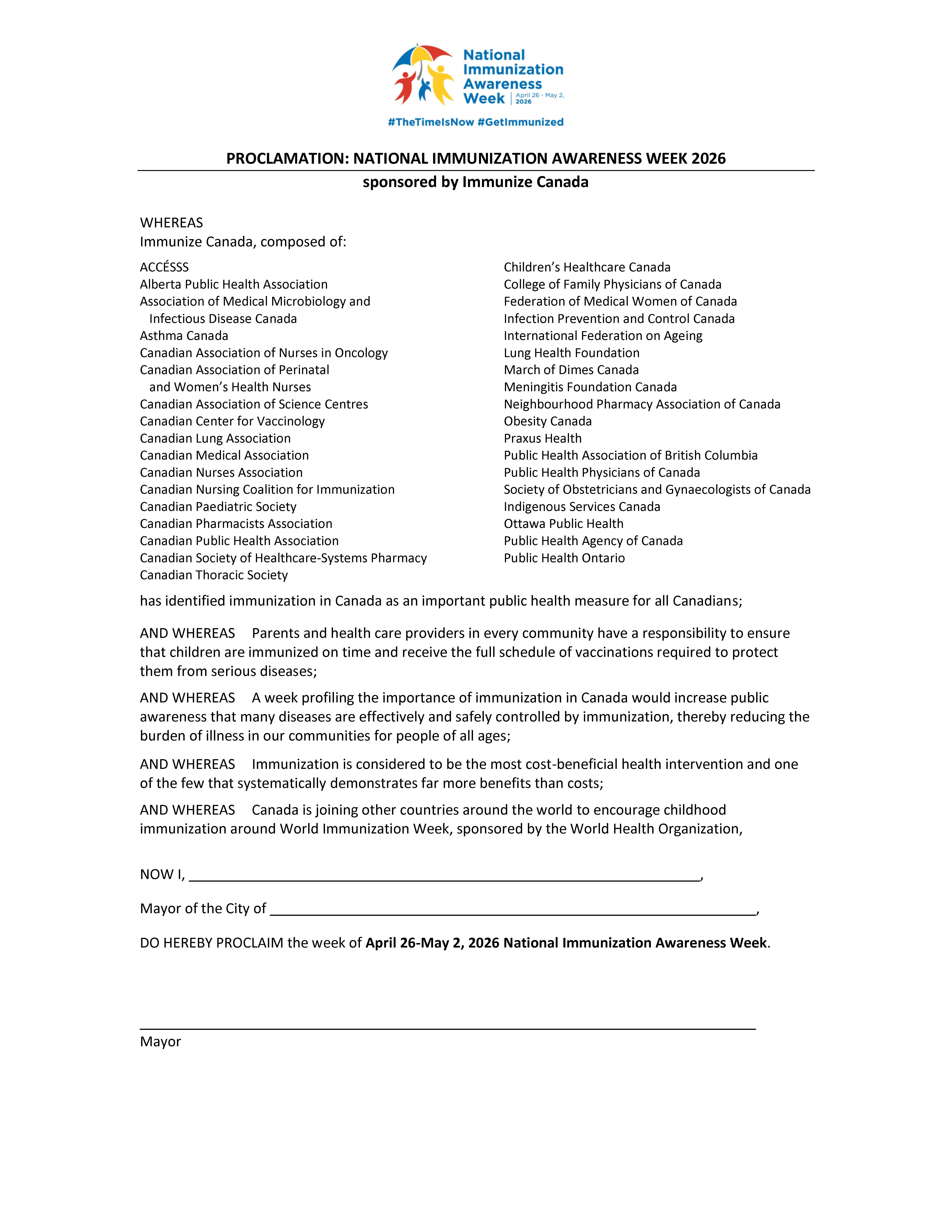 Sample Proclamation of National Immunization Awareness Week 2026