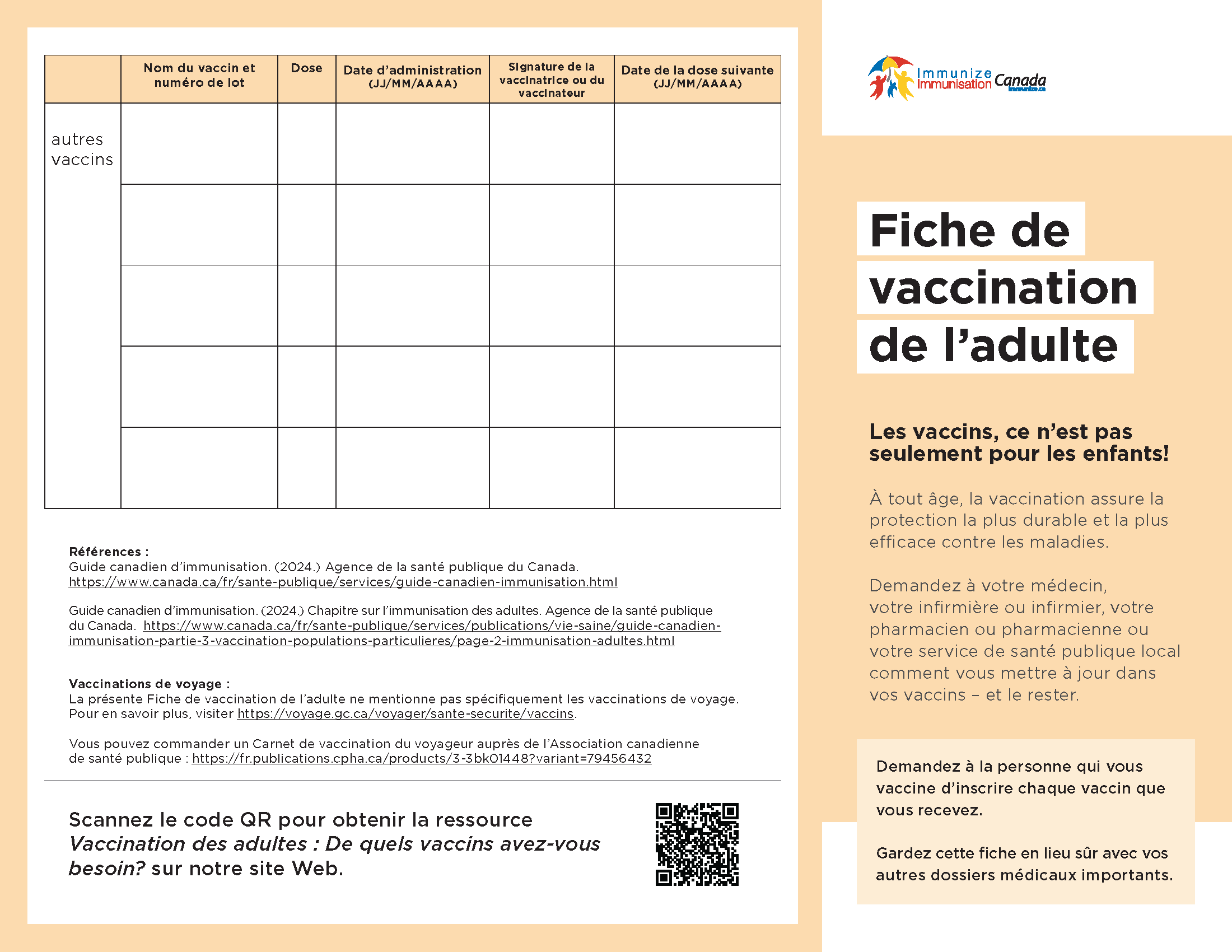 Fiche de vaccination de l'adulte