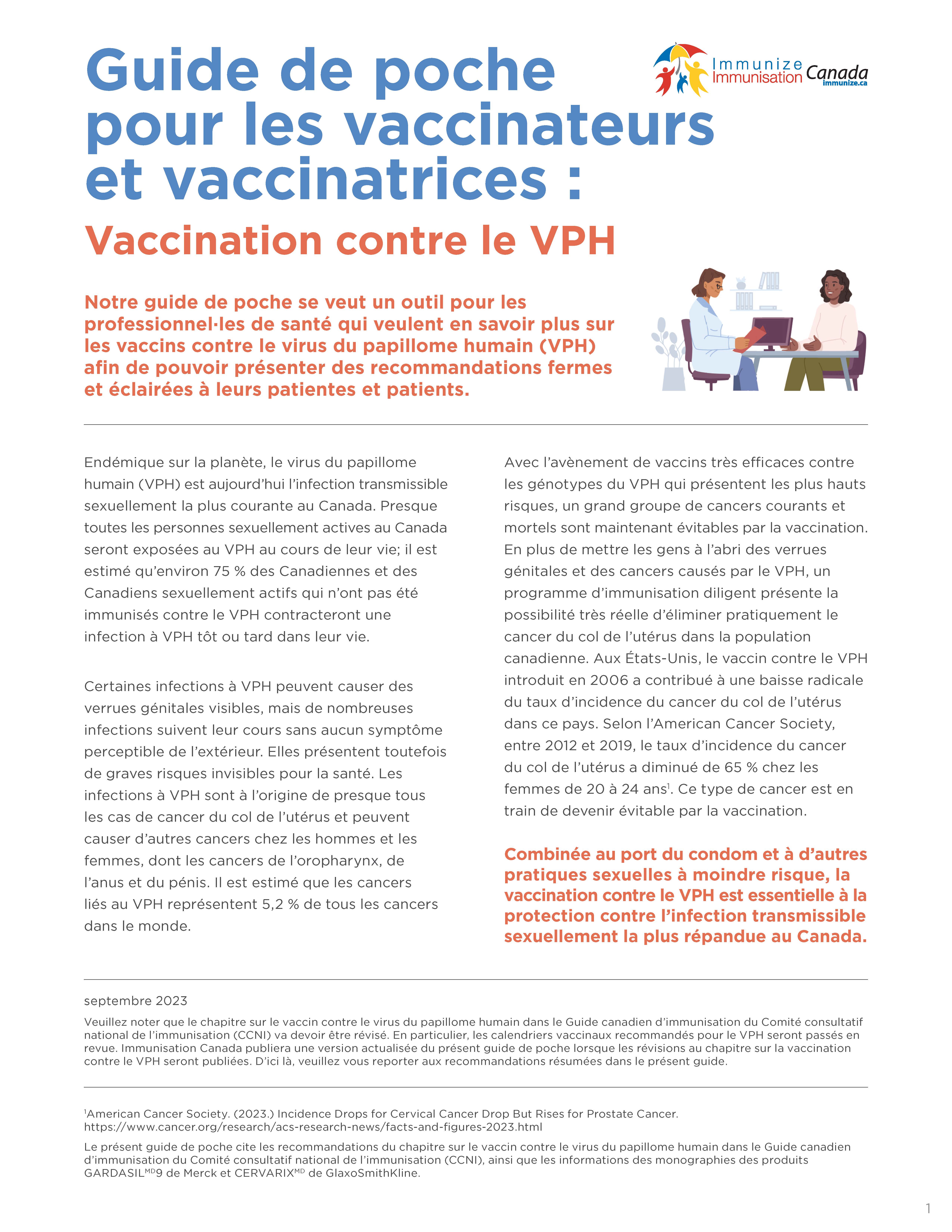 Guide de poche pour les vaccinateurs et vaccinatrices : Vaccination contre le VPH