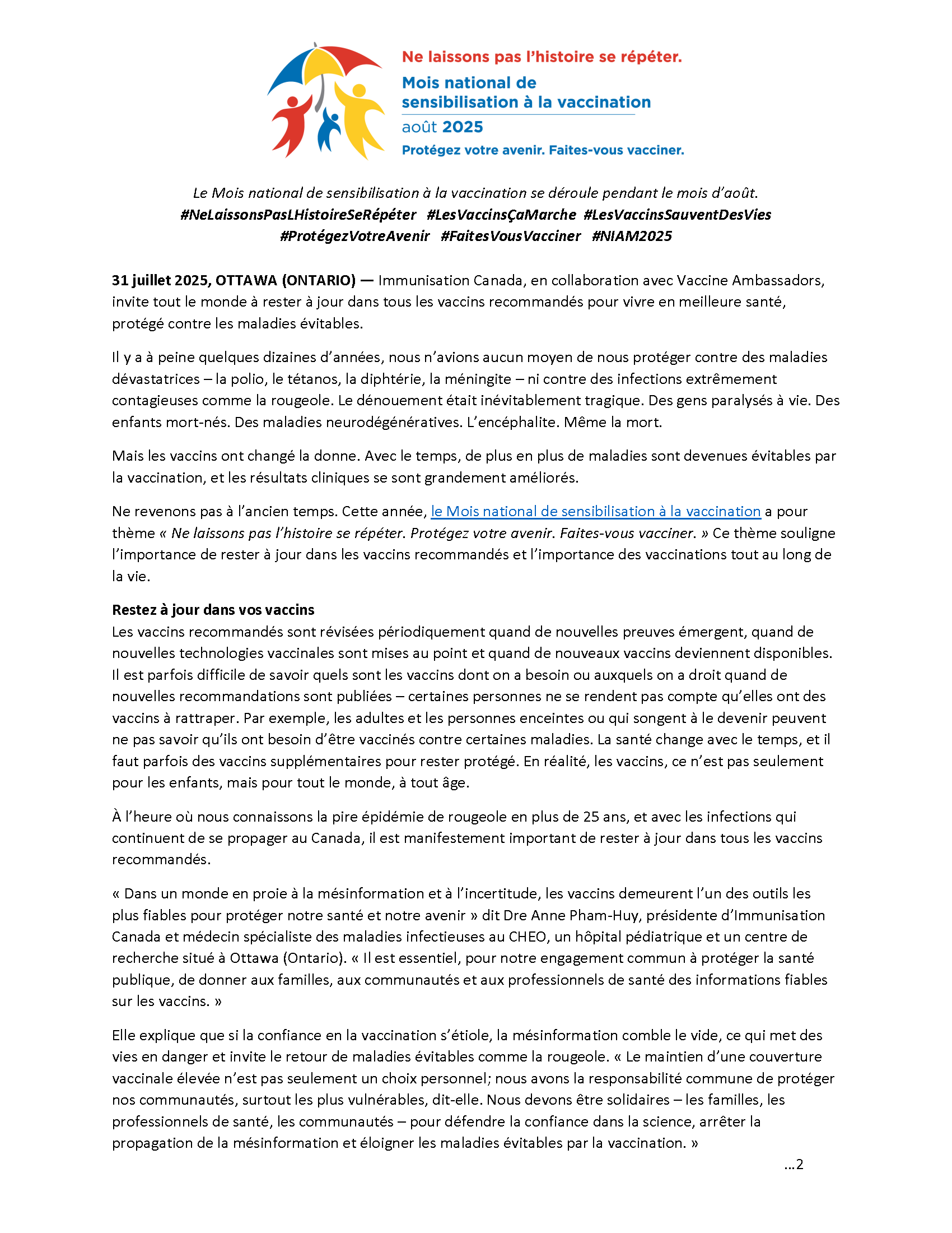 Communiqué de presse - Mois national de sensibilisation à la vaccination 2025 - Immunisation Canada