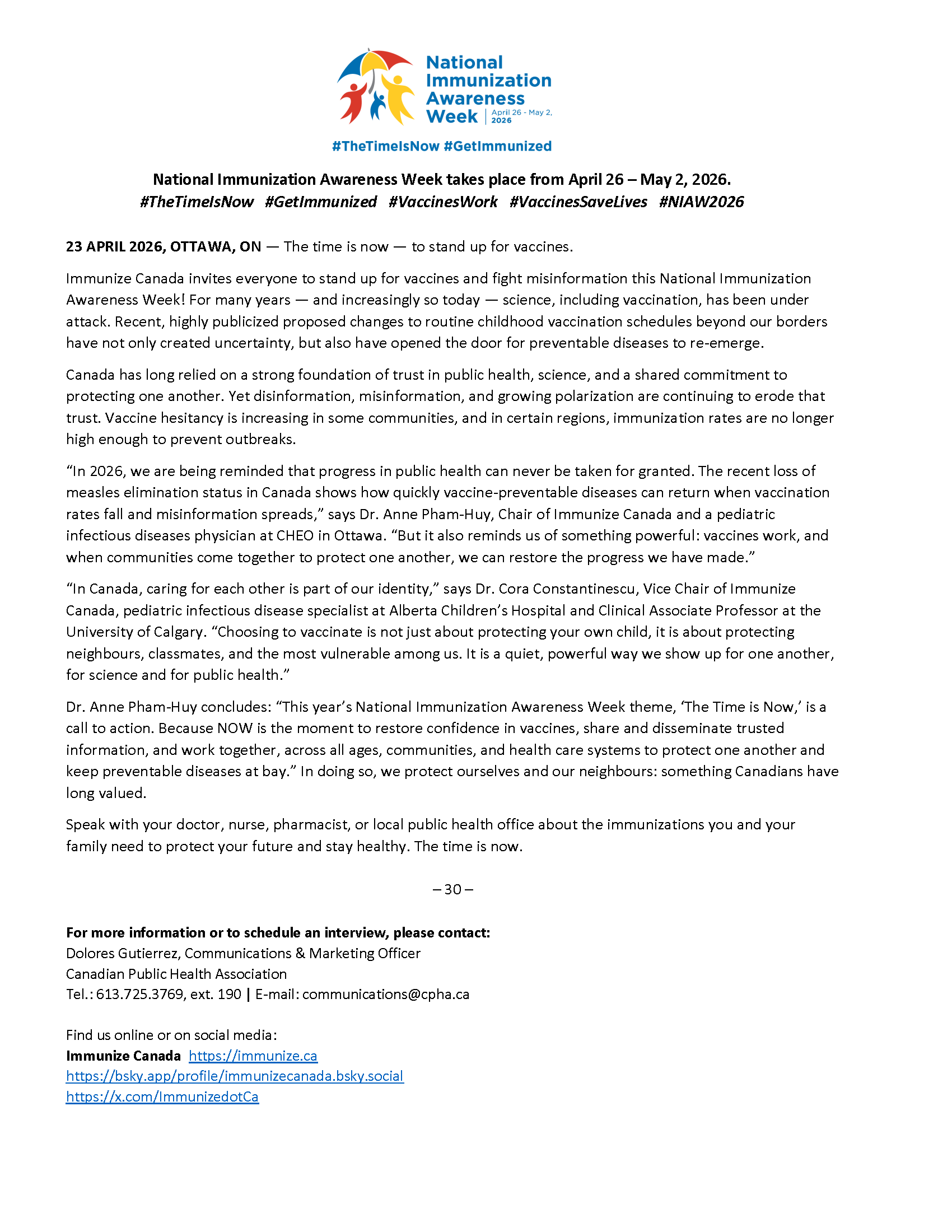 Image of media release for National Immunization Awareness Week 2026