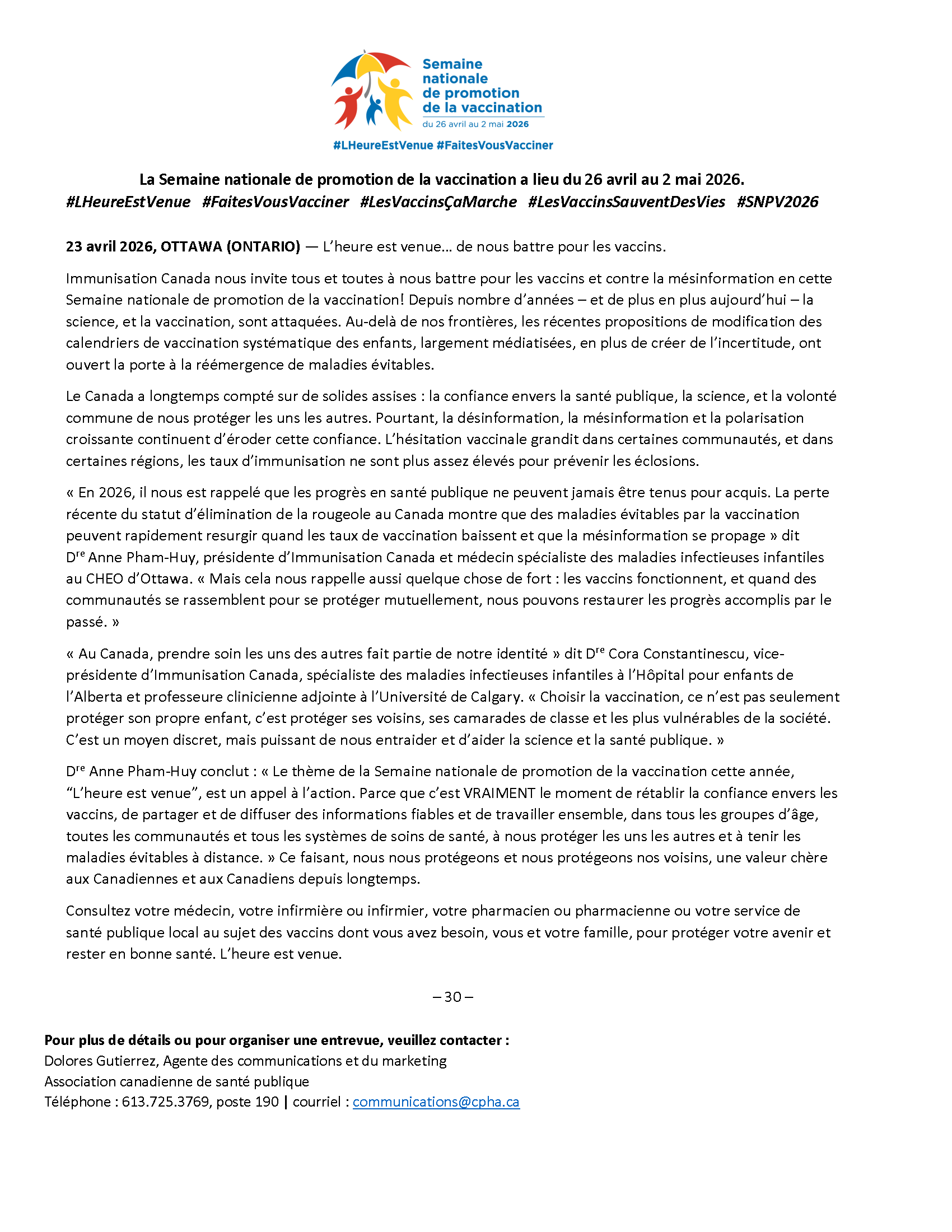 Image du communiqué de presse pour la Semaine nationale de promotion de la vaccination 2026