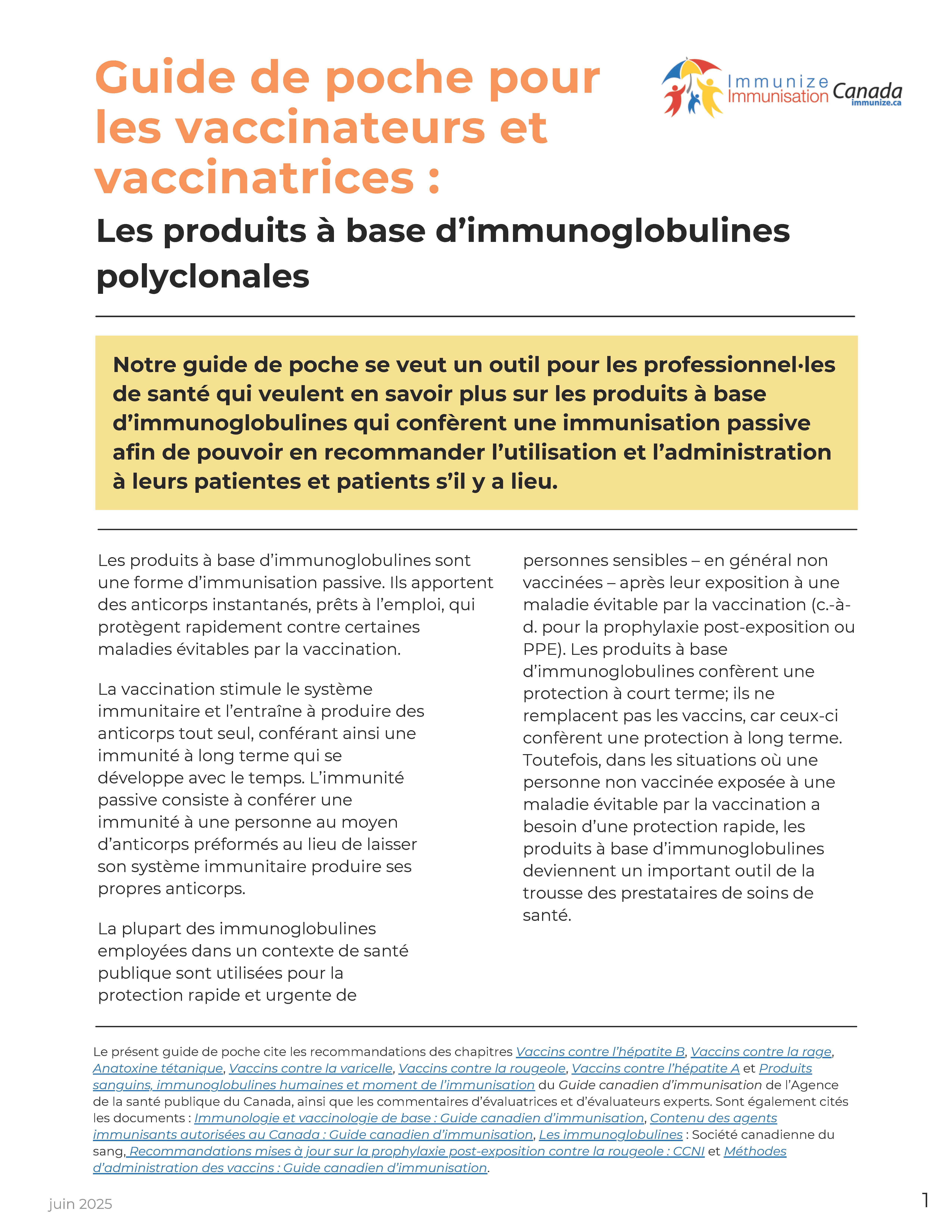 Guide de poche pour les vaccinateurs et vaccinatrices : Produits à base d'immunoglobulines polyclonales