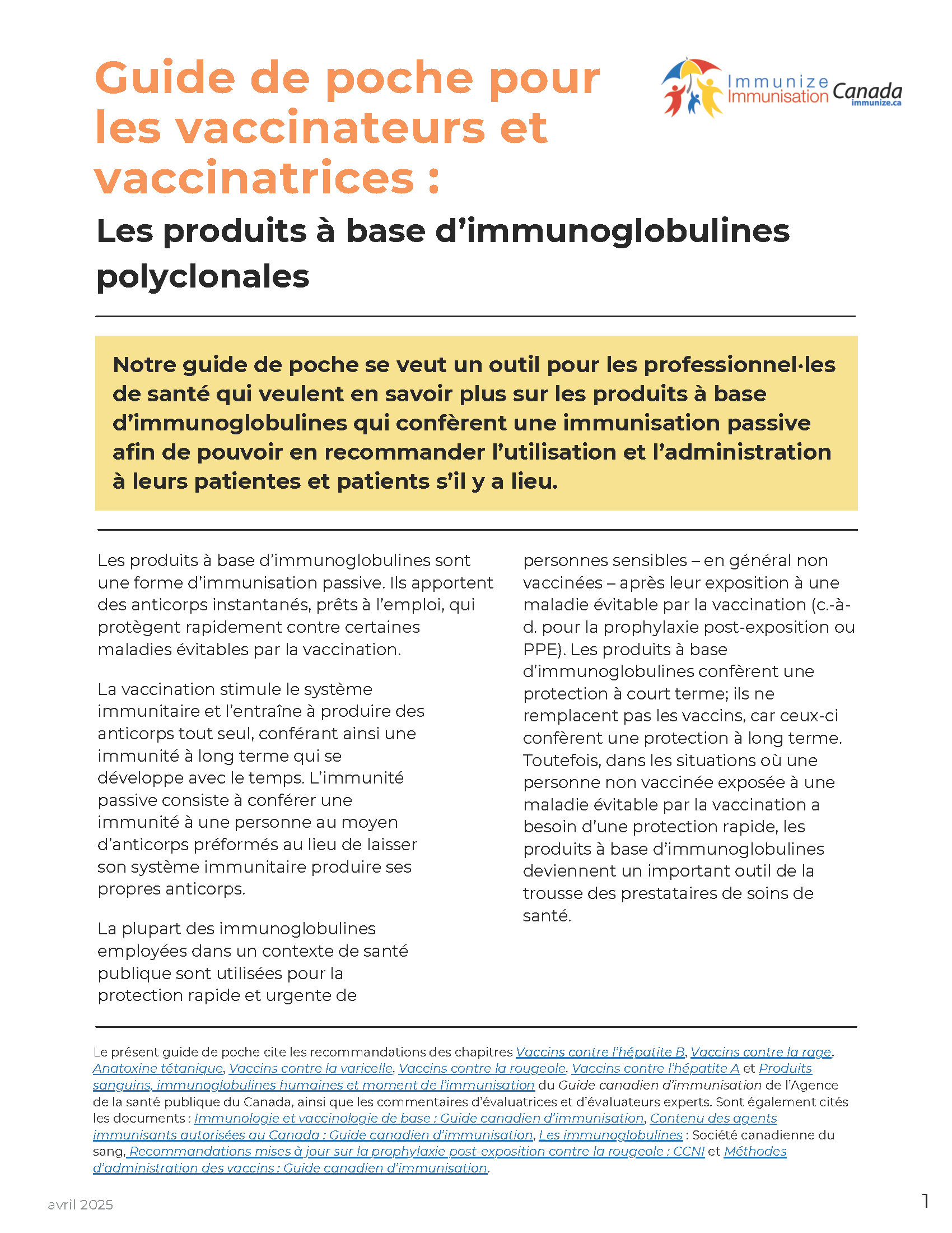 Guide de poche pour les vaccinateurs et vaccinatrices : Produits à base d'immunoglobulines polyclonales