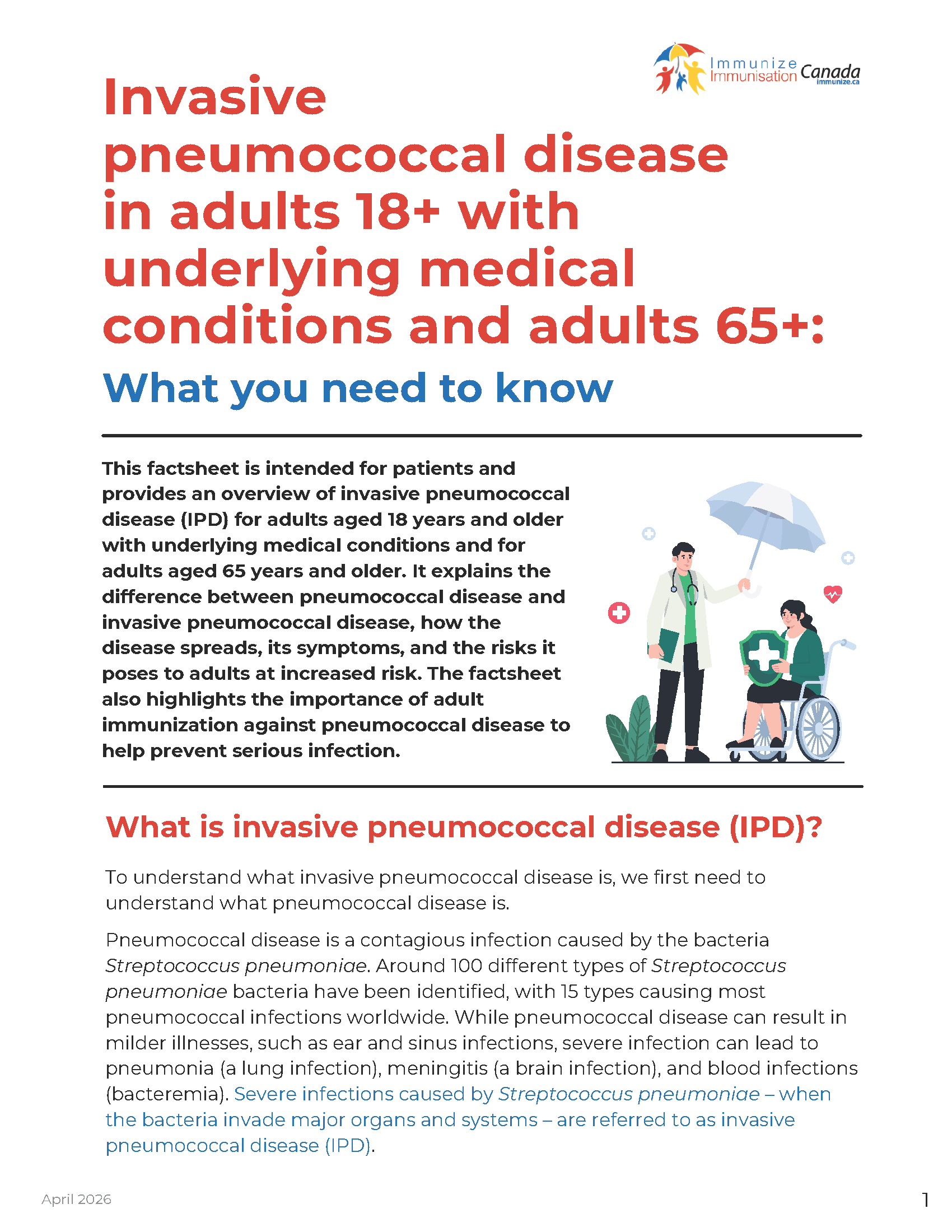 Invasive pneumococcal disease in adults 18+ with underlying medical conditions and adults 65+: What you need to know - factsheet