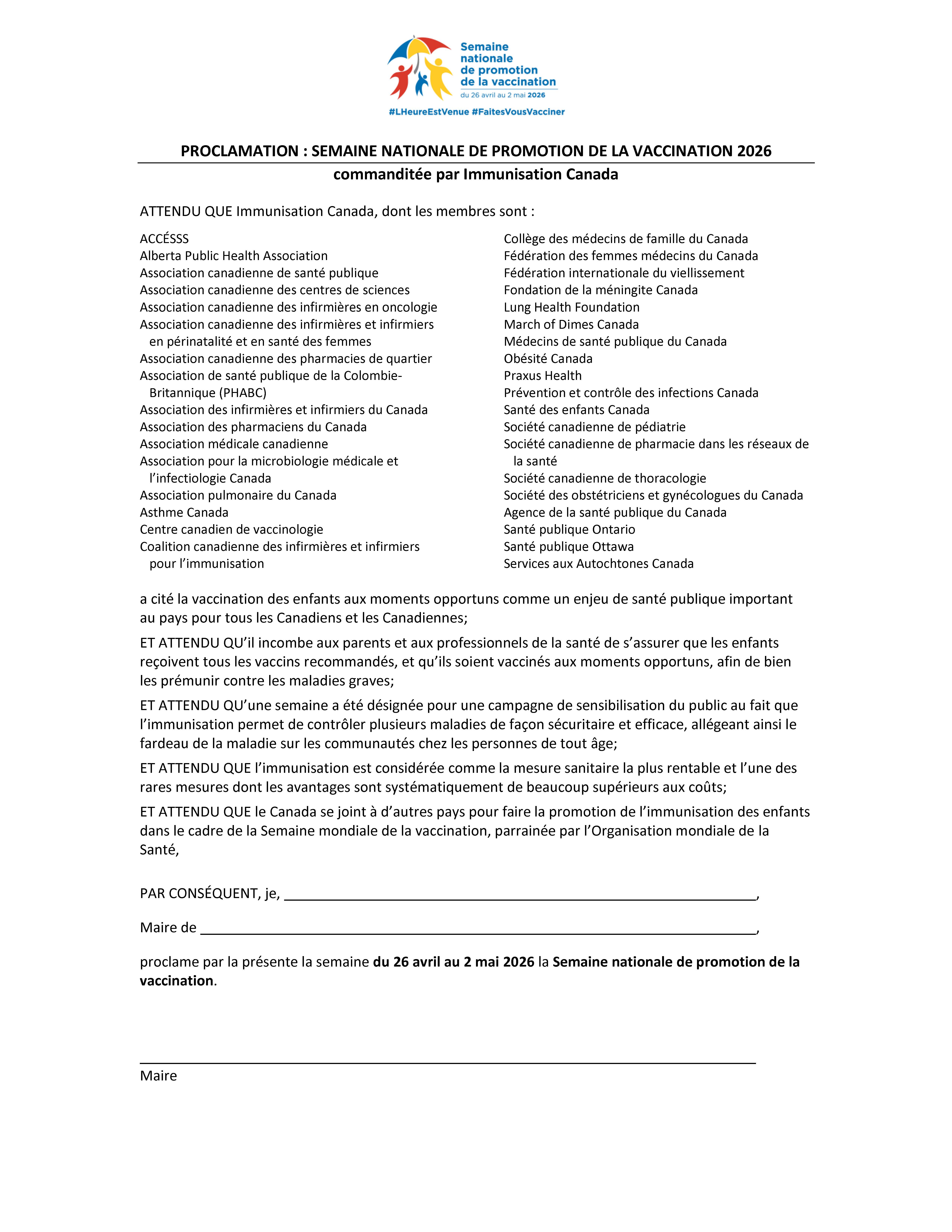 Modèle de Proclamation de la Semaine nationale de promotion de la vaccination 2026