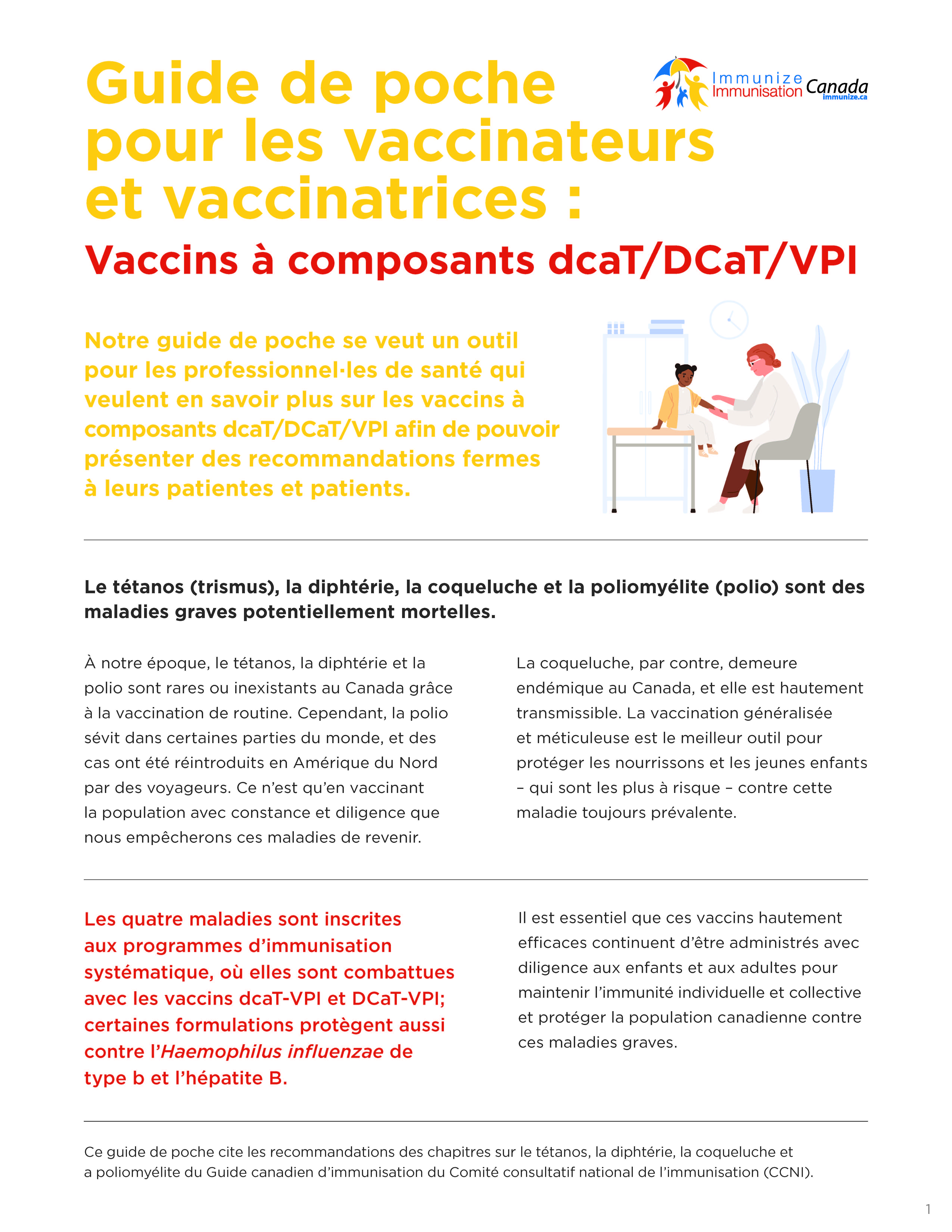 Guide de poche pour les vaccinateurs et vaccinatrices : Vaccins à composants dcaT/DCaT/VPI